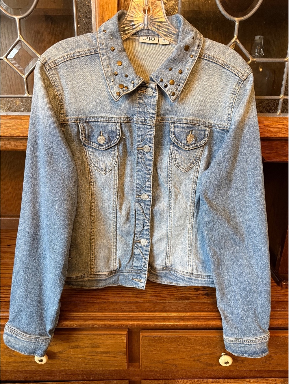 Y2K Style Cato Studded Collar Denim Trucker Jacket Light Wash Womens M